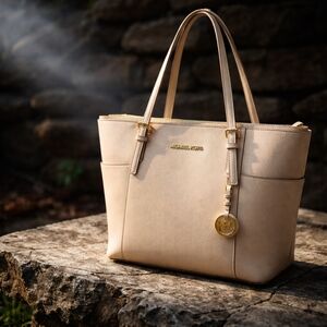 Michael Kors Beige Tote with Gold Accents